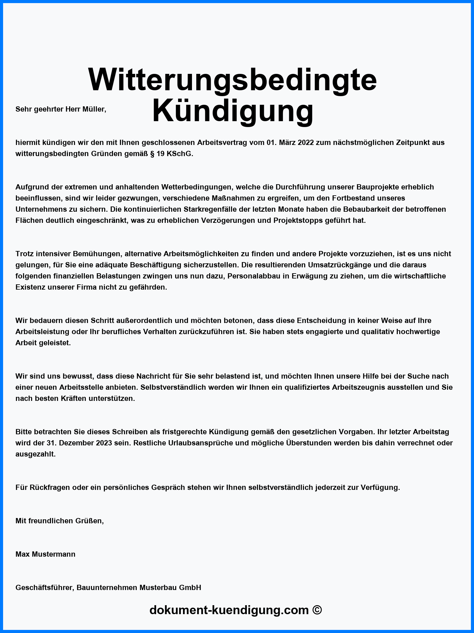 Witterungsbedingte Kündigung Vorlage Muster